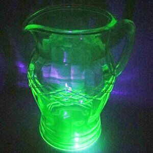 Vintage Green Uranium Glass Pitcher Glows Depression Glass Diamond Cris Cross Pa